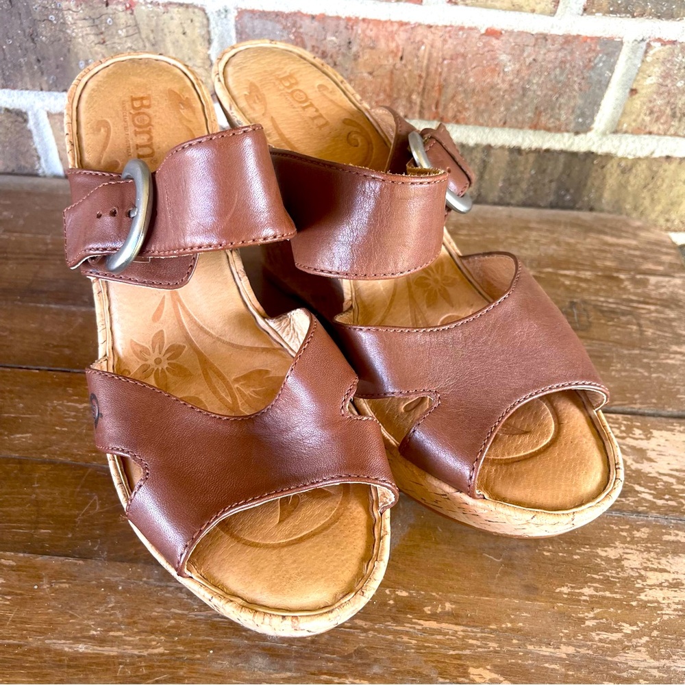 Born Brown Leather Cork Wedge Platform Slip On Sandals Size 10 Women's SB4